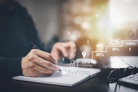 Man using pen write project and  folder of document Management System,  onlin Foto stock