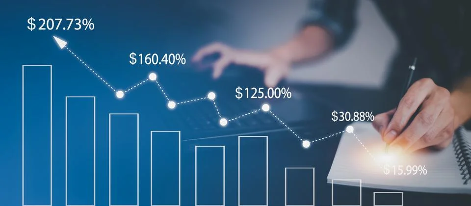 Man using pen write project of Stock market or forex trading graph and candle Stock Photos
