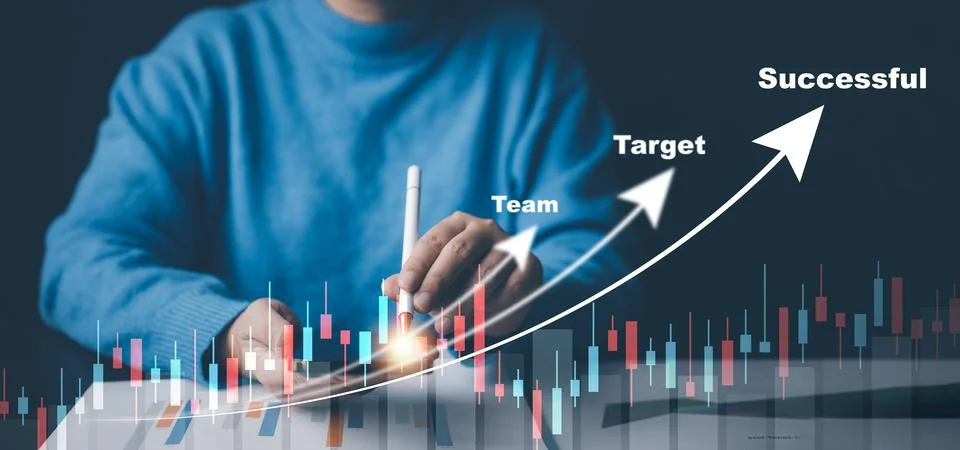 Man using pen write project of Stock market or forex trading graph and candle Stock Photos