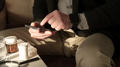 Man using pharmacy mobile app to refill prescription, 4k 스톡 동영상 264841165