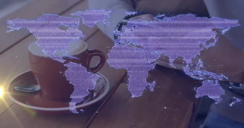 Man using phone in cafe viewing tech map, hologram morphing to dotted and Stock Footage 334036392