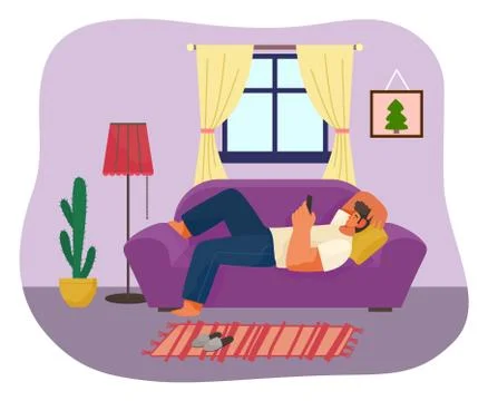 Man using phone lying on sofa in room, guy relaxing at home, tired from Stock Illustration