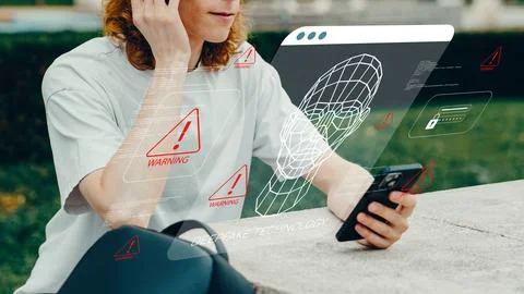 Man using phone outdoors with digital warning signs of deep fake technology Stock Photos