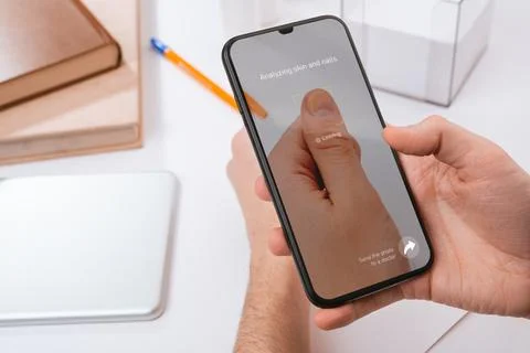 Man using a phone to recognize a problem with his nail Stock Photos