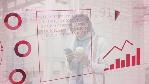 Man using phone on street, globe rising and animating charts analyzing tech data Stock Footage 334744374