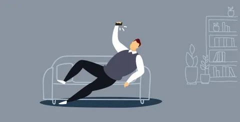 Man using phone taking selfie on smartphone camera casual guy lying on couch Stock Illustration