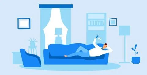 Man using phone taking selfie on smartphone camera casual guy lying on couch Stock Illustration