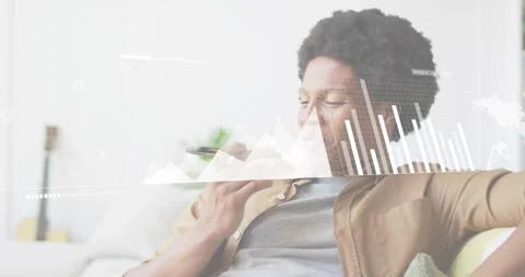 Man using phone voicing commands analyzing data with technology visuals shifting Stock Footage 318936848