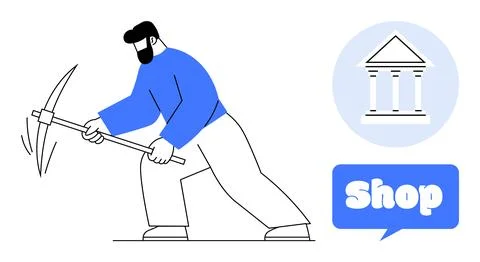 Man Using Pickaxe with Bank Symbol and Shop Sign in Simple Style Stock Illustration