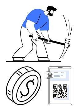 Man using pickaxe for digital currency mining near dollar coin and mobile dis Illustrazione stock