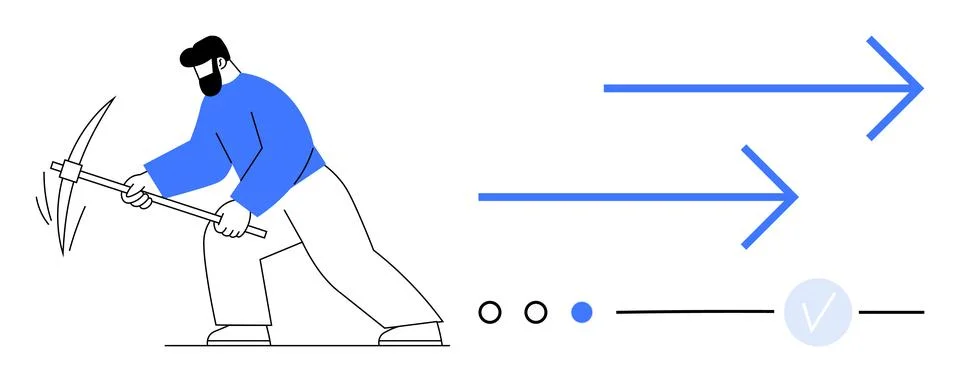 Man using pickaxe to mine, accompanied by progress arrows, switch elements, a Stock Illustration