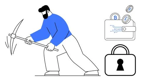Man using pickaxe to mine cryptocurrency, digital wallet with blockchain coin Ilustração Stock
