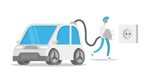 Man using a power cable and plug for charging of electric car at EV charging Stock Illustration