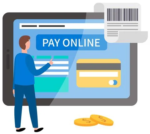 Man is using program for online remote payment of purchases on the tablet via Stock Illustration