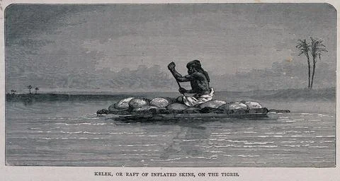 A man using a raft of inflated skins to navigate the River Tigris. Wood eng.. Stock Illustration