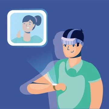 Man using reality virtual tech in smartwatch Illustrazione stock