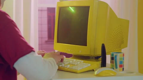 Man Is Using Retro Personal Computer Stock Footage 166115891