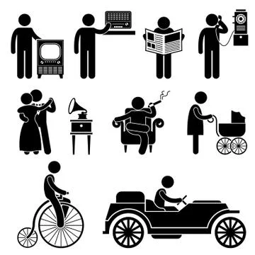 Man Using Retro Vintage Object Stick Figure Pictogram Icon Stock Illustration