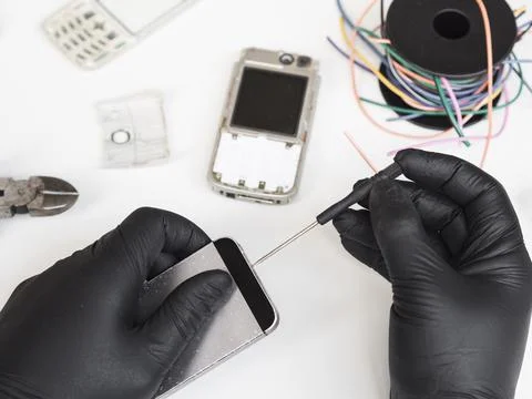 Man using screwdriver open phone . High quality and resolution beautiful photo Stock Photos