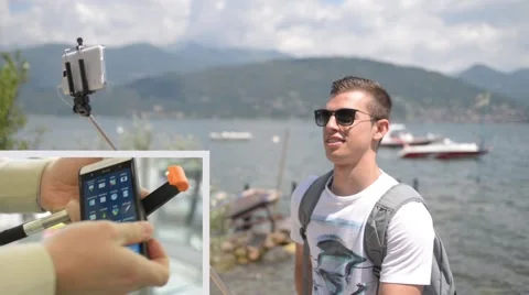 Man Using a selfie stick collage Stock Footage 58697456
