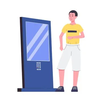 Man using service interactive display stand flat vector illustration isolated. Stock Illustration