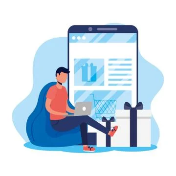 Man using shopping online tech in smartphone and laptop Illustrazione stock