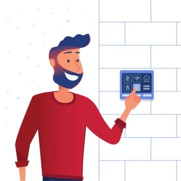 A man using smart home control panel. Illustrazione stock