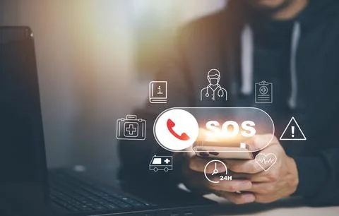 Man using Smart Phone with Emergency app in home, call phone, Chat message ic Stock Photos