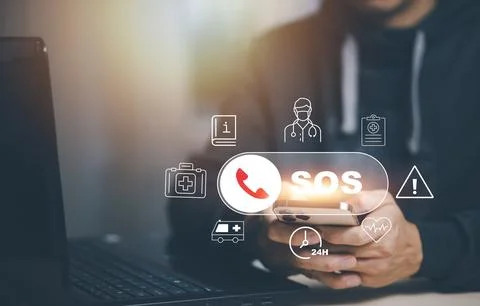 Man using Smart Phone with Emergency app in home, call phone, Chat message ic Stock Photos