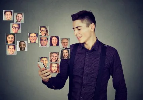 Man using smart phone has many contacts in mobile phonebook Stock Photos