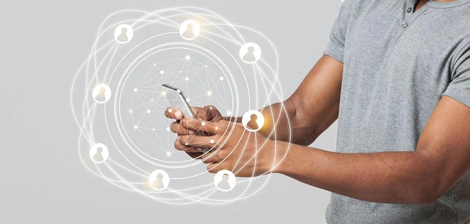 Man using smart phone with holograms datas Stock Photos