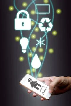 Man using smart phone internet of things concept. home control online and h.. Stock Photos