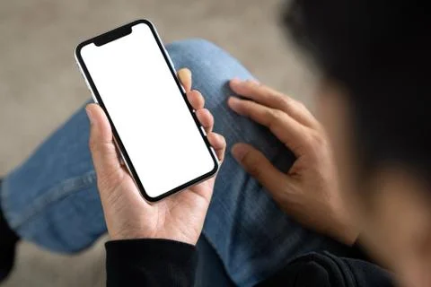 Man using smart phone white screen on top view Stock Photos