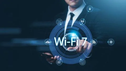 Man using smart phone with wifi technology 7 , connecting to the internet w.. Stock Photos