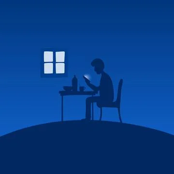 Man using smartphone after dinner in the kitchen with blue shade background Stockillustratie