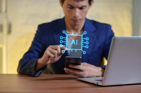 Man Using Smartphone with AI Technology Concept in Office Setting Stock Photos