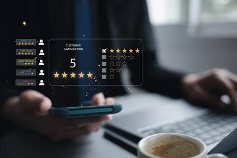 Man using smartphone and laptop computer to rate and evaluate services Stock Photos
