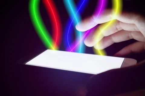 Man using smartphone and protection with fiber optic light on mobile screen. Stock Photos