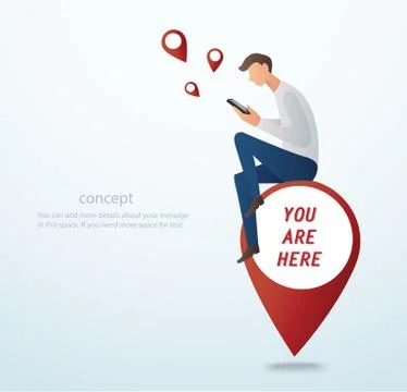 Man using smartphone and sitting on pin icon location Illustrazione stock