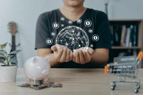 Man using smartphone and taking notes in planning. which is payment online,.. Stock Photos