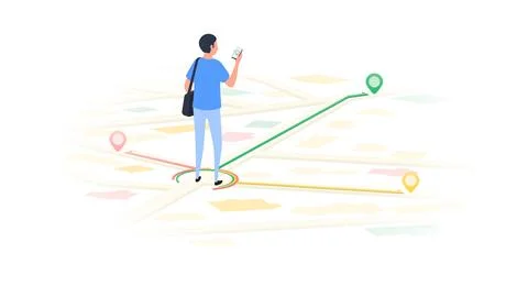Man Using Smartphone app to find a car with car rental. City map 库存插图
