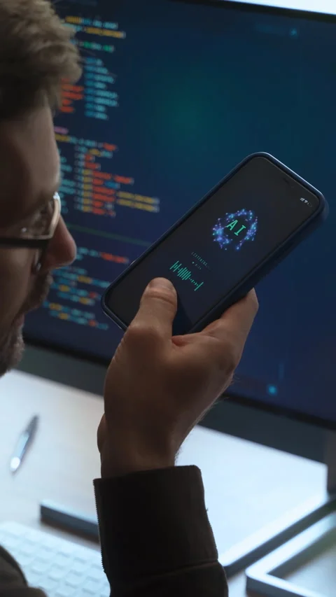 Man using a smartphone artificial intelligence voice assistant or AI chatbot app Stock Footage 341681230