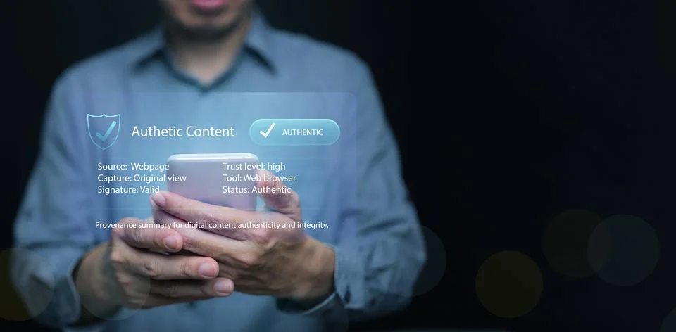 Man using smartphone with authentic content verification interface. Digital.. Stock Photos