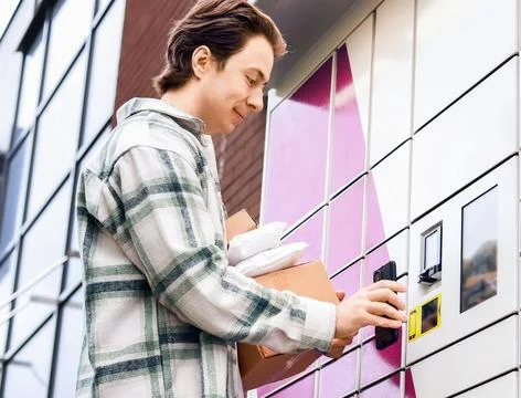 Man using smartphone at automated parcel locker for contactless delivery pi.. Stock Photos