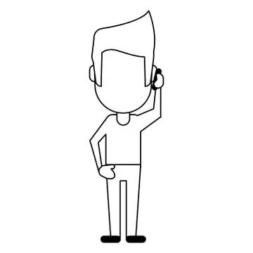 Man using smartphone avatar cartoon in black and white 스톡 일러스트