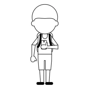 Man using smartphone avatar cartoon in black and white Stock Illustration