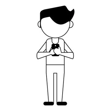 Man using smartphone avatar cartoon in black and white Stock Illustration
