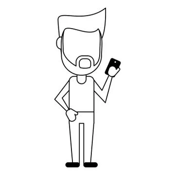 Man using smartphone avatar cartoon in black and white Stock Illustration