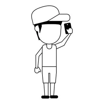 Man using smartphone avatar cartoon in black and white 스톡 일러스트