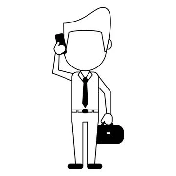 Man using smartphone avatar cartoon in black and white Stock Illustration